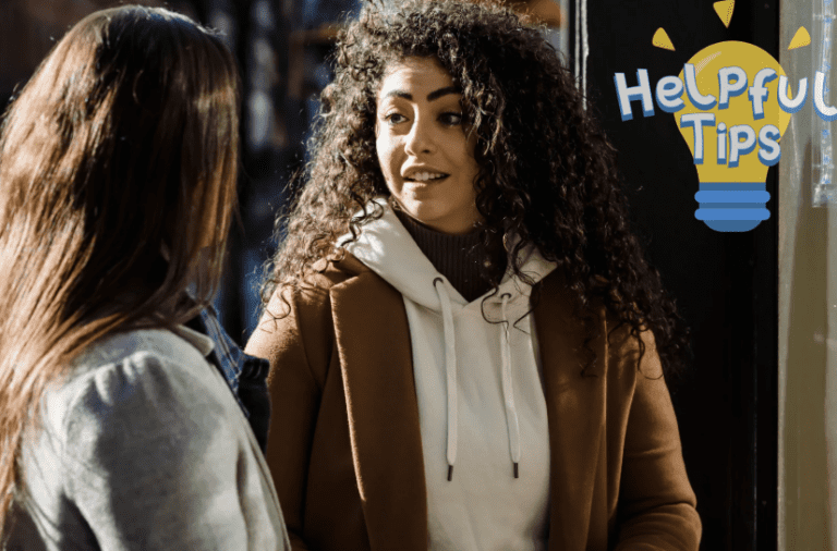 Two women talking helpful tips