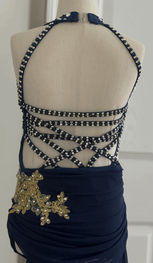 Close up of the back of a blue lyrical costume