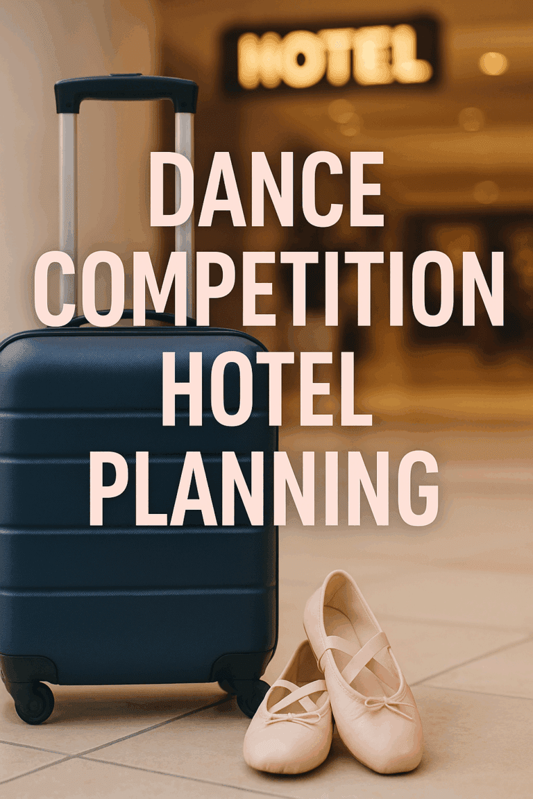 Suitcase and ballet slippers in front of a blurred hotel lobby with overlay text reading Dance Competition Hotel Planning.