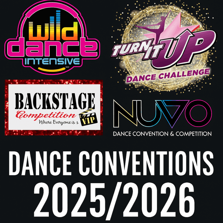 Collage of logos for popular dance conventions 2025/2026 including Wild Dance Intensive, Turn It Up, NUVO, and Backstage.