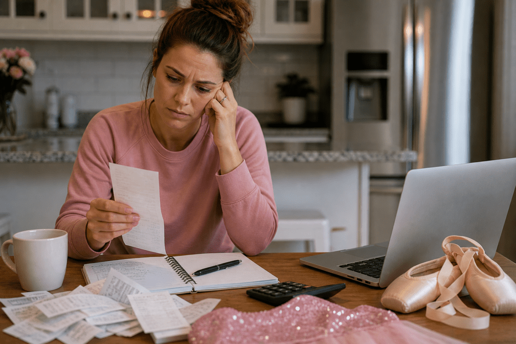 Parent reviewing receipts and dance expenses while calculating the cost of dance at home