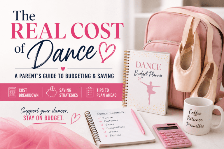 Flat lay of dance shoes, bag, and planner representing the cost of dance and budgeting for dance expenses