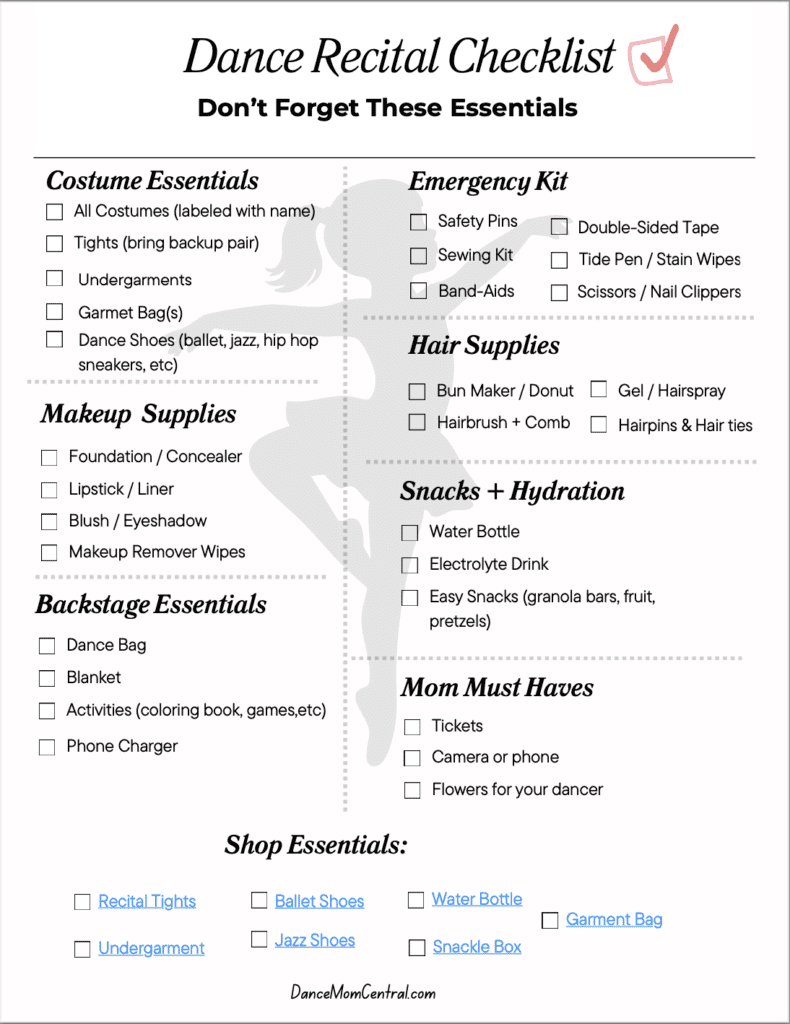 Image of the free copy of the Dance Recital Checklist